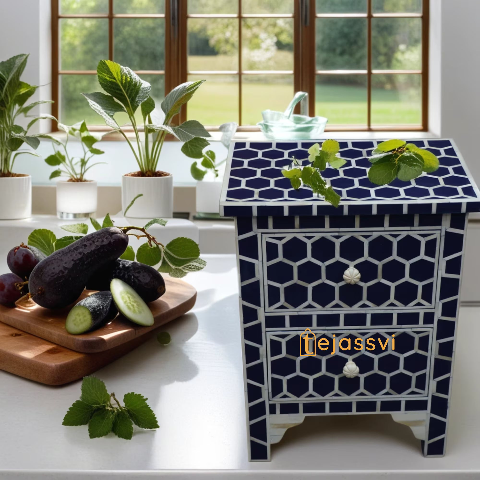 Handmade Bone Inlay Chest of 2 Drawer | Buffet | Bone Inlay Bedside | Wooden Modern Floral Bedside | Side Table | Nightstand 2 Drawer Bone Inlay.