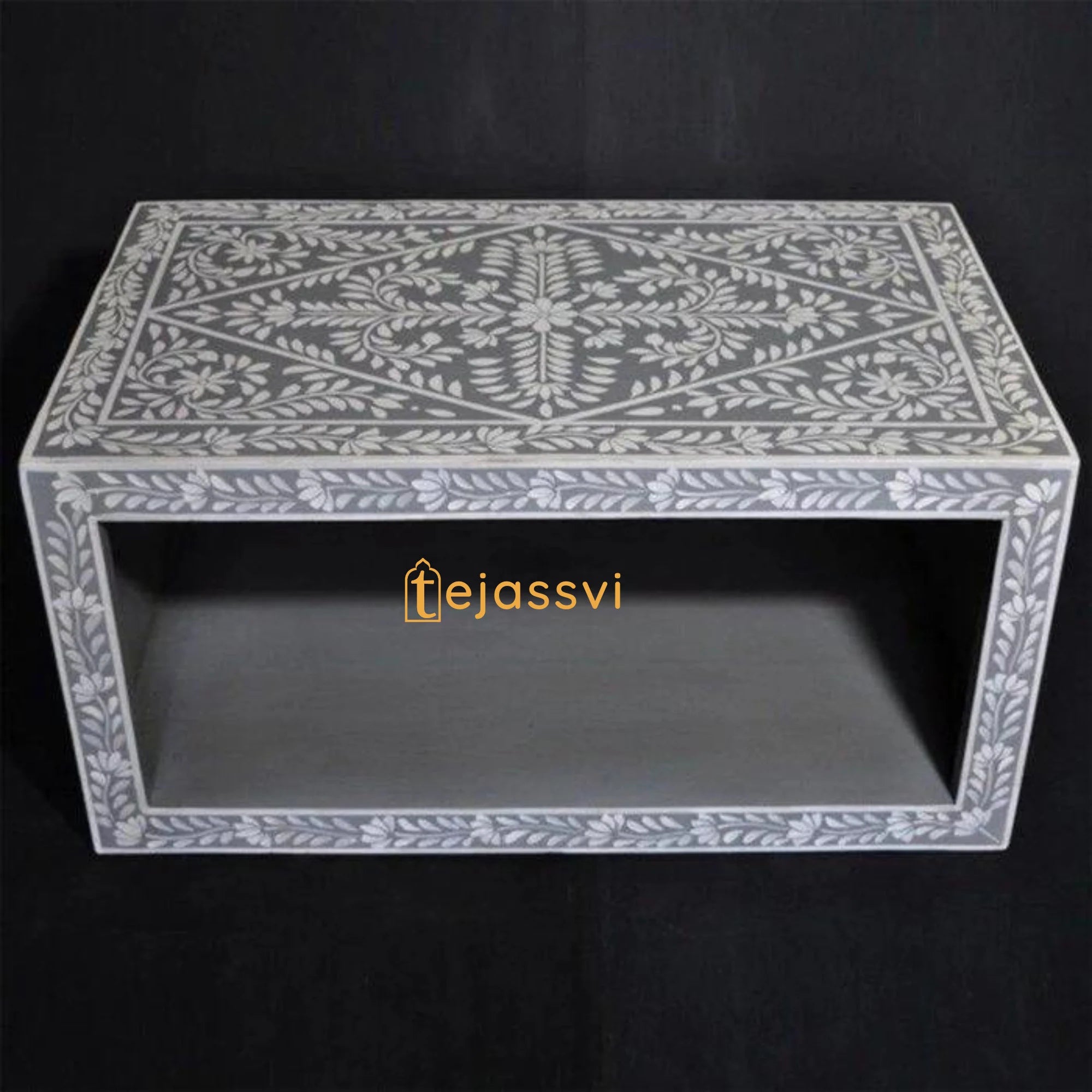 Bone Inlay Coffee Table: Handmade Floral Center Table, Grey Luxury Furniture