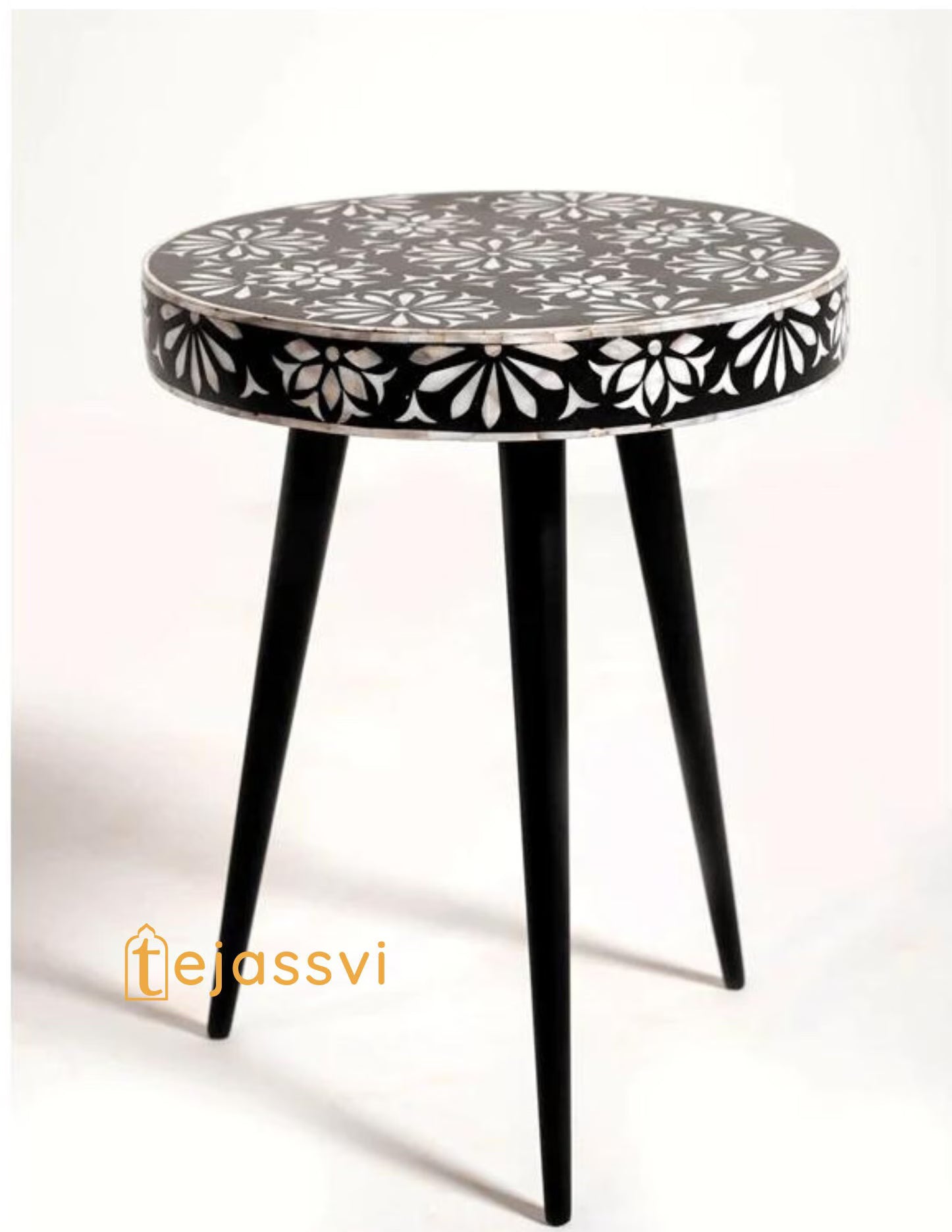 Handmade Bone Inlay Floral Pattern Side Table / Bone Inlay Accent Stool / Antique Wood / Bone Inlay Side Table / Bone Inlay Furniture.