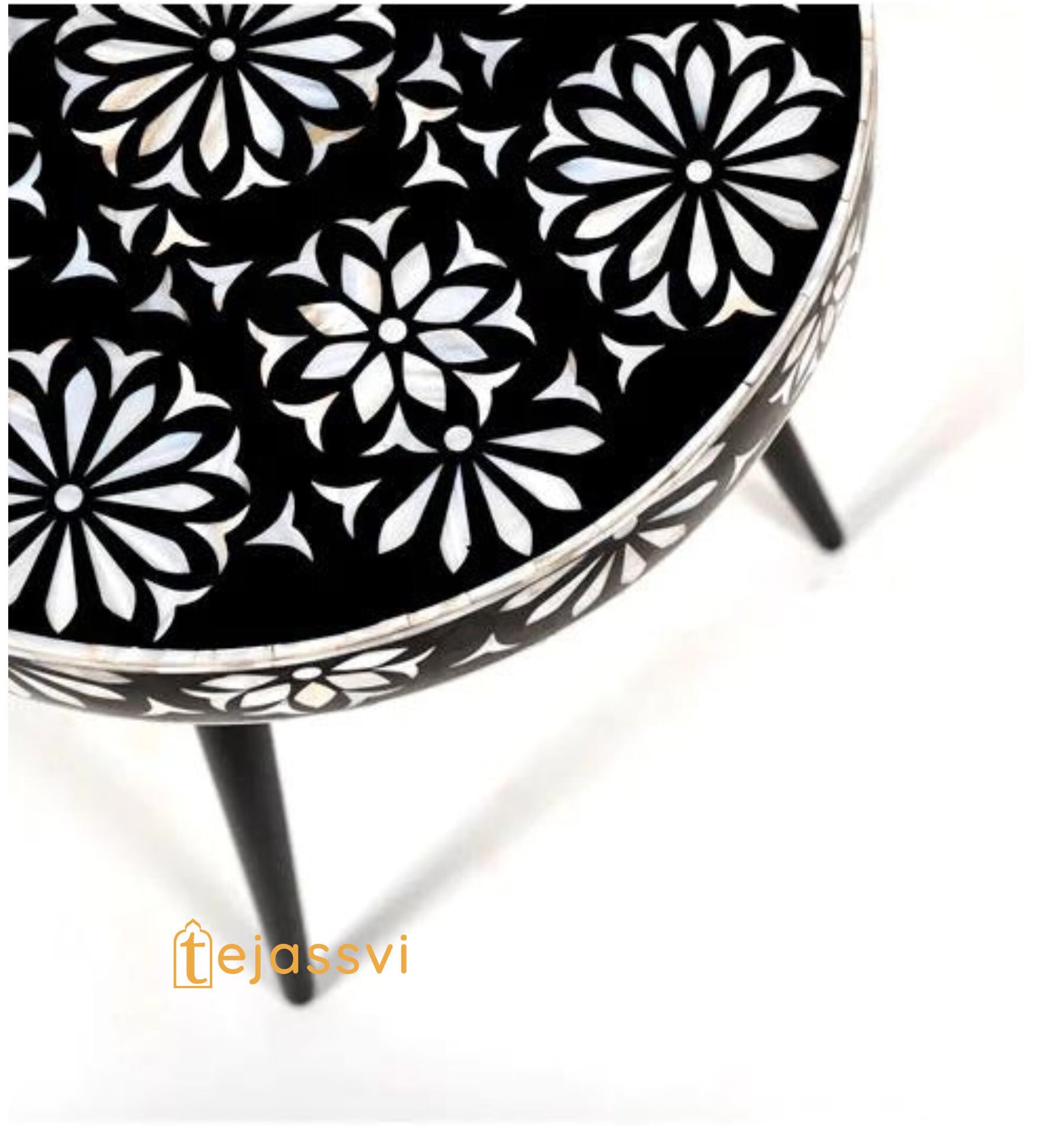 Handmade Bone Inlay Floral Pattern Side Table / Bone Inlay Accent Stool / Antique Wood / Bone Inlay Side Table / Bone Inlay Furniture.