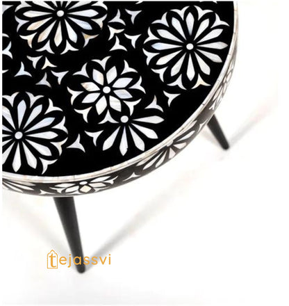 Handmade Bone Inlay Side Table: Floral Accent Stool, Antique Wood/bone inlay side table /bone inlay furniture