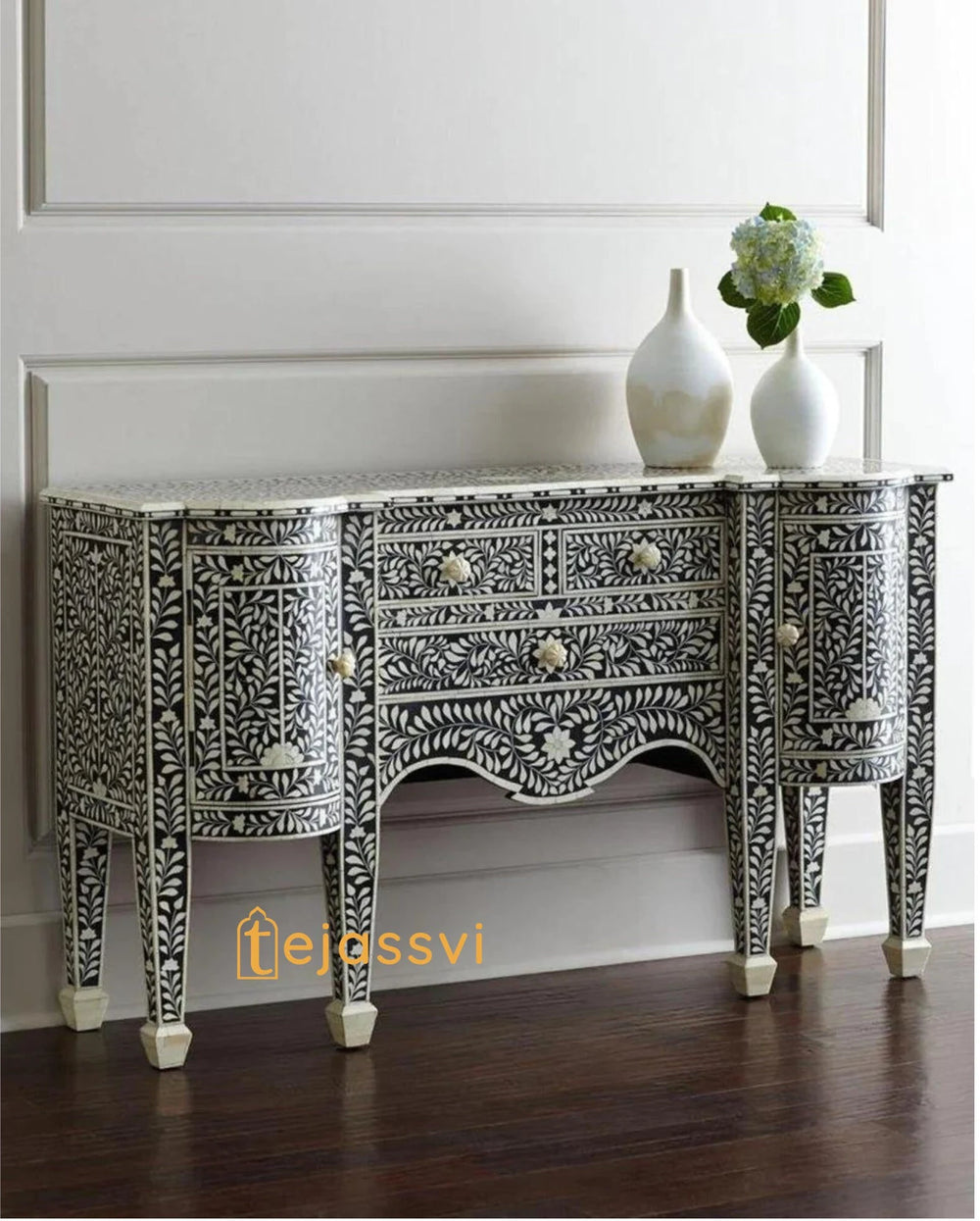 Handmade Bone Inlay Floral Pattern Sideboard & Buffet Table / Bone Media Console / Bone Inlay Luxury Furniture.
