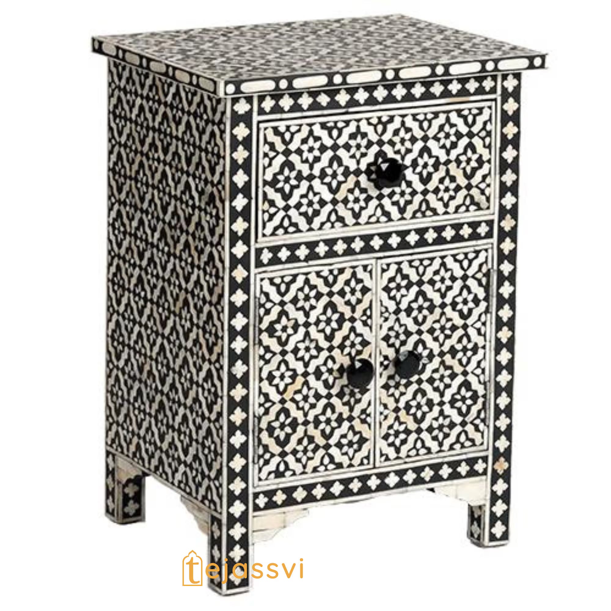 Wooden Bone Inlay Nightstand Table / Floral Bedside Table with 1 Drawer and 1 Door Table Bone Inlay Luxury Furniture.