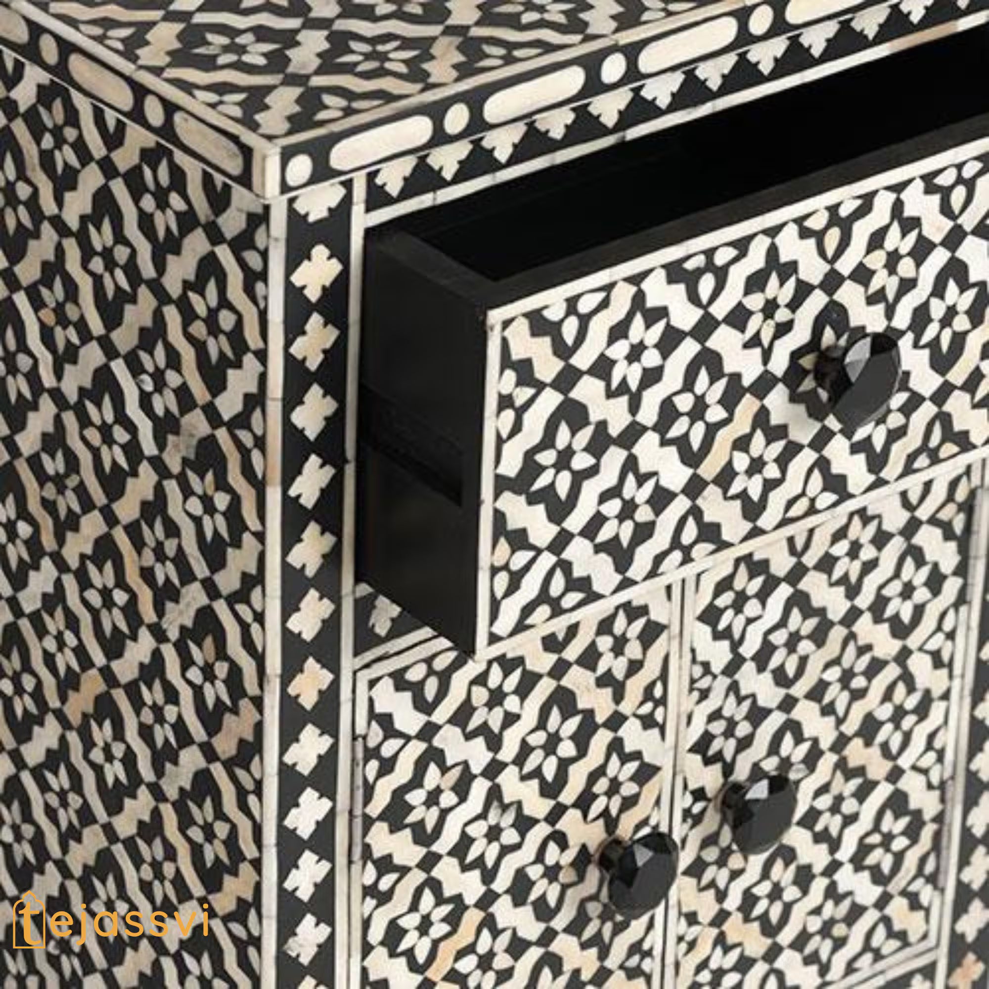 Wooden Bone Inlay Nightstand Table / Floral Bedside Table with 1 Drawer and 1 Door Table Bone Inlay Luxury Furniture.
