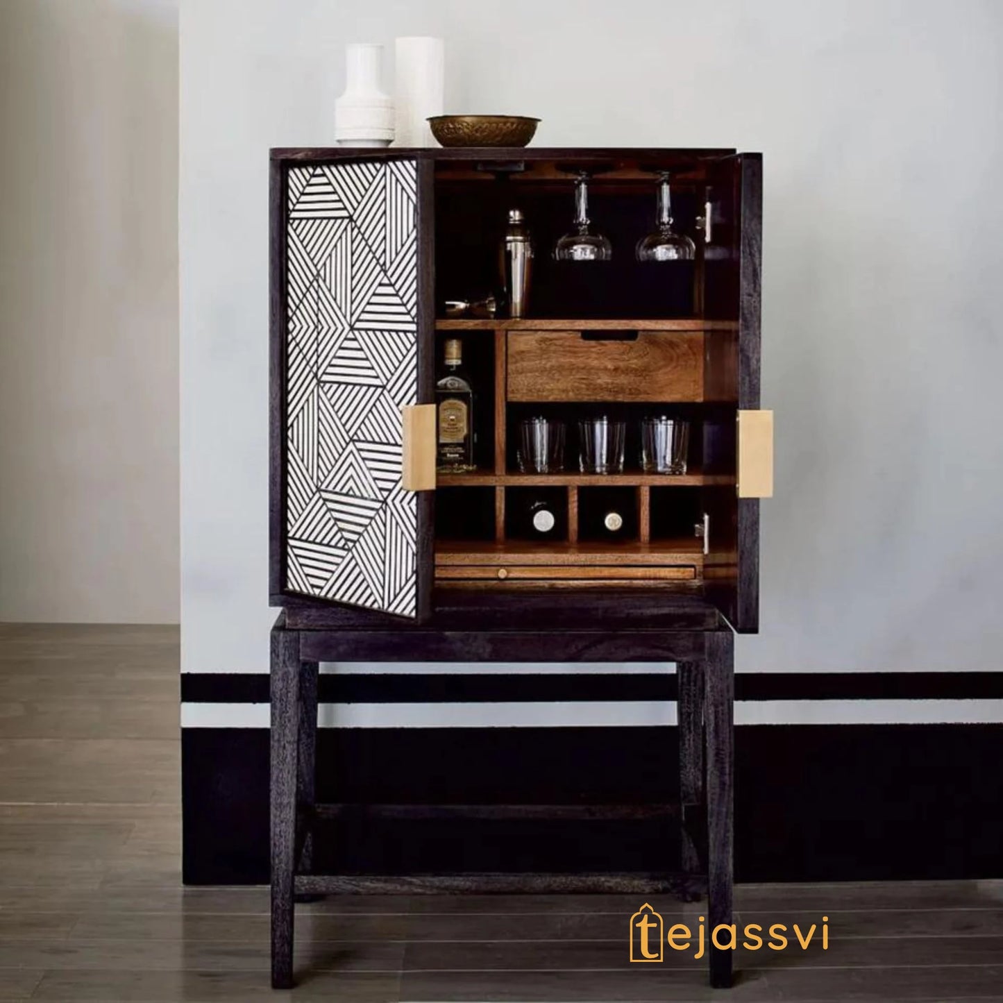Handmade Bone Inlay Bar Cabinet: Geometric Storage Console Table / bone inlay bar cabinet and bone inlay luxury furniture.