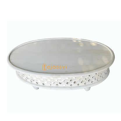 Handmade White Mango Wood Coffee Table: Round Carved Indian Art