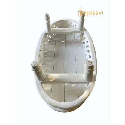 Handmade White Mango Wood Coffee Table: Round Carved Indian Art