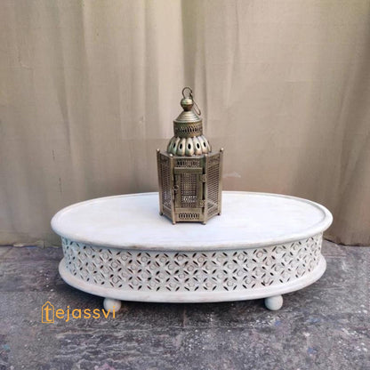 Handmade White Mango Wood Coffee Table: Round Carved Indian Art