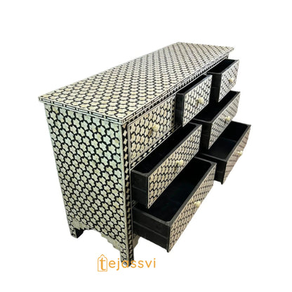 Bone Inlay 7-Drawer Chest: Black Resin Honeycomb Pattern Sideboard/ bone inlay console/sideboards/bone inlay Luxury furniture