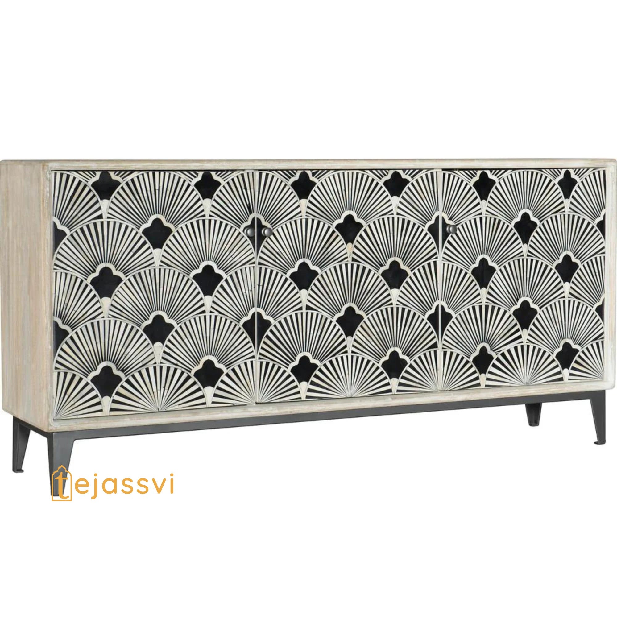 Bone Inlay Media Cabinet / Bone Inlay Flower Entertainment Credenza Finish / Bone Optical Design Media Console / Bone Inlay Storage Unit.