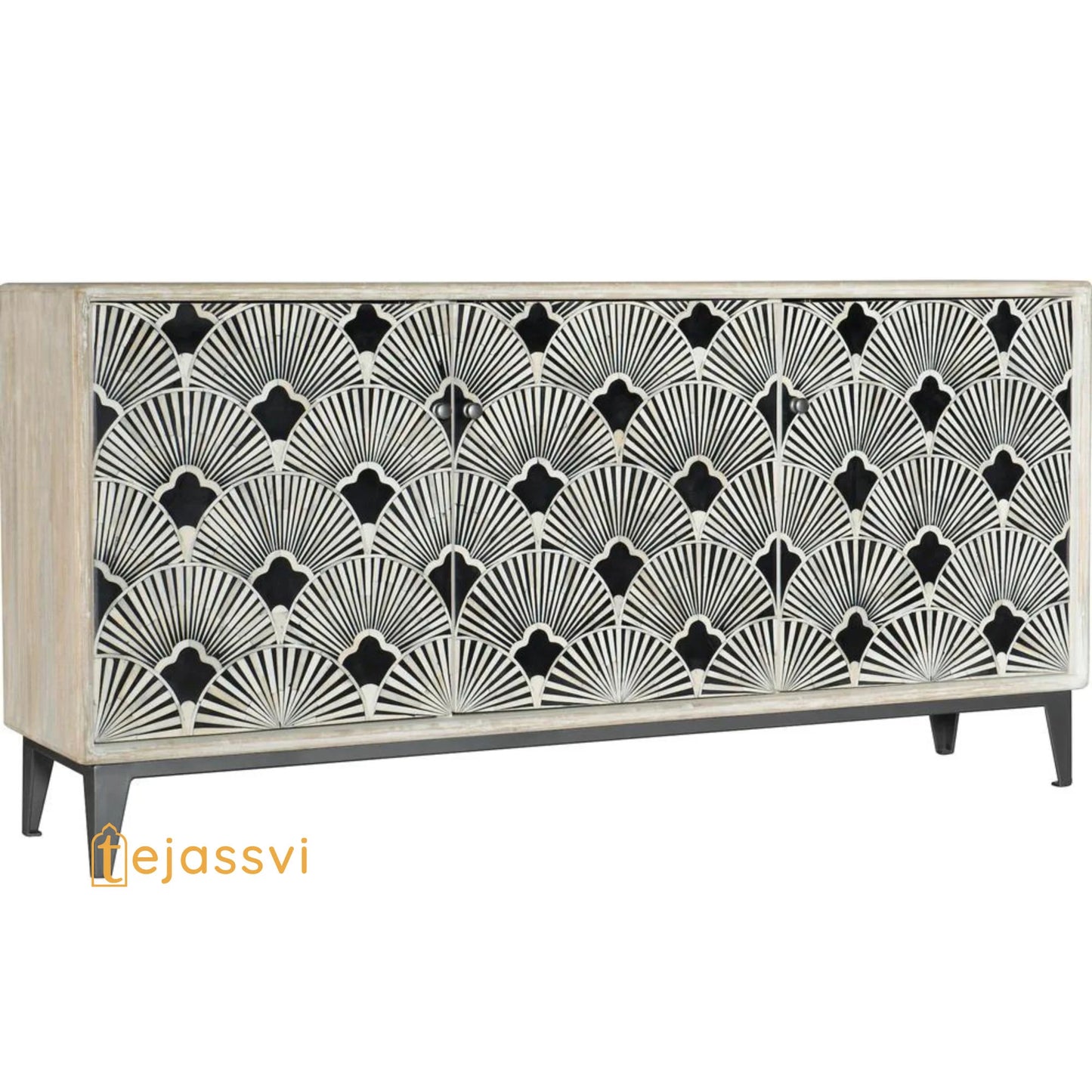 Bone Inlay Media Cabinet, Bone Inlay Flower Entertainment Credenza White  Finish Bone Optical Design Media Console, Bone Inlay Storage Unit