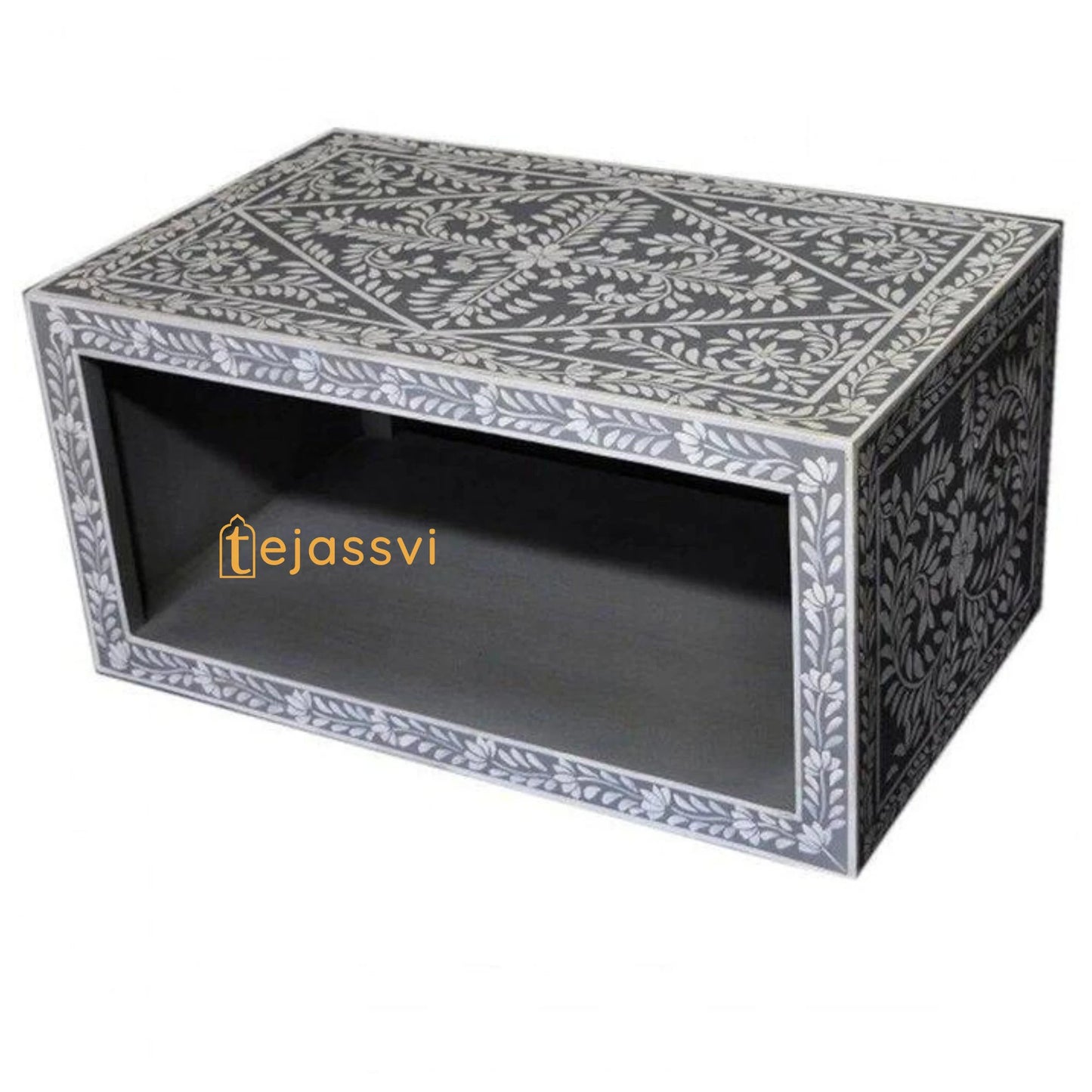 Bone Inlay Coffee Table: Handmade Floral Center Table, Grey Luxury Furniture