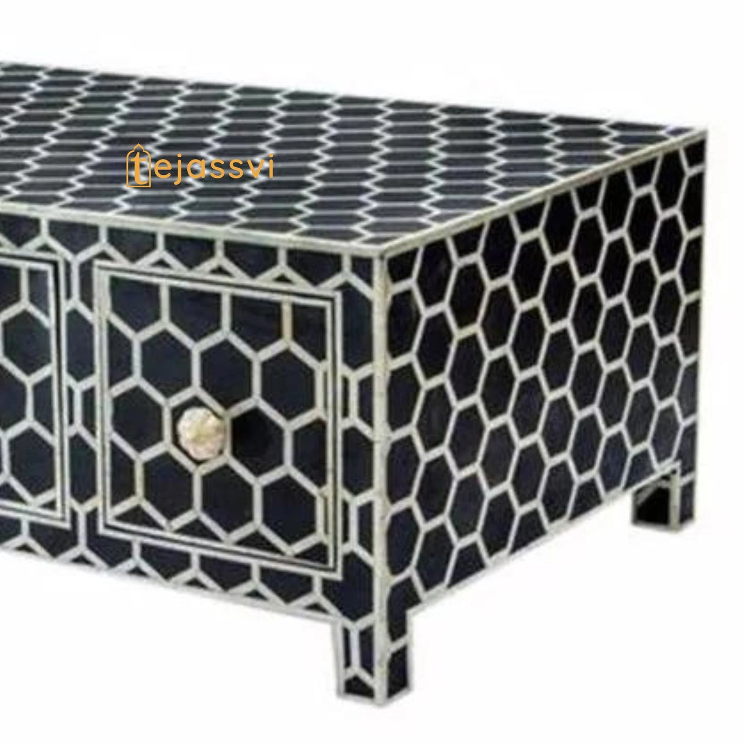 Handmade Bone Inlay Coffee Table: Black Honeycomb Pattern, Storage Unit /bone inlay luxury furniture .
