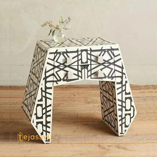 Bone Inlay Side Table: Geometric Nightstand, Black & White Modern Furniture / bone inlay bedside table /bone inlay luxury furniture