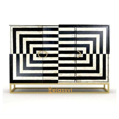Handmade Bone Inlay Sideboard: Geometric Media Console, Black Abstract Design / bone inlay console / bone inlay luxury furniture.