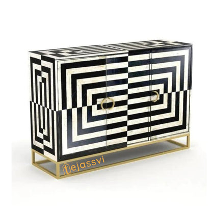 Handmade Bone Inlay Sideboard: Geometric Media Console, Black Abstract Design / bone inlay console / bone inlay luxury furniture.