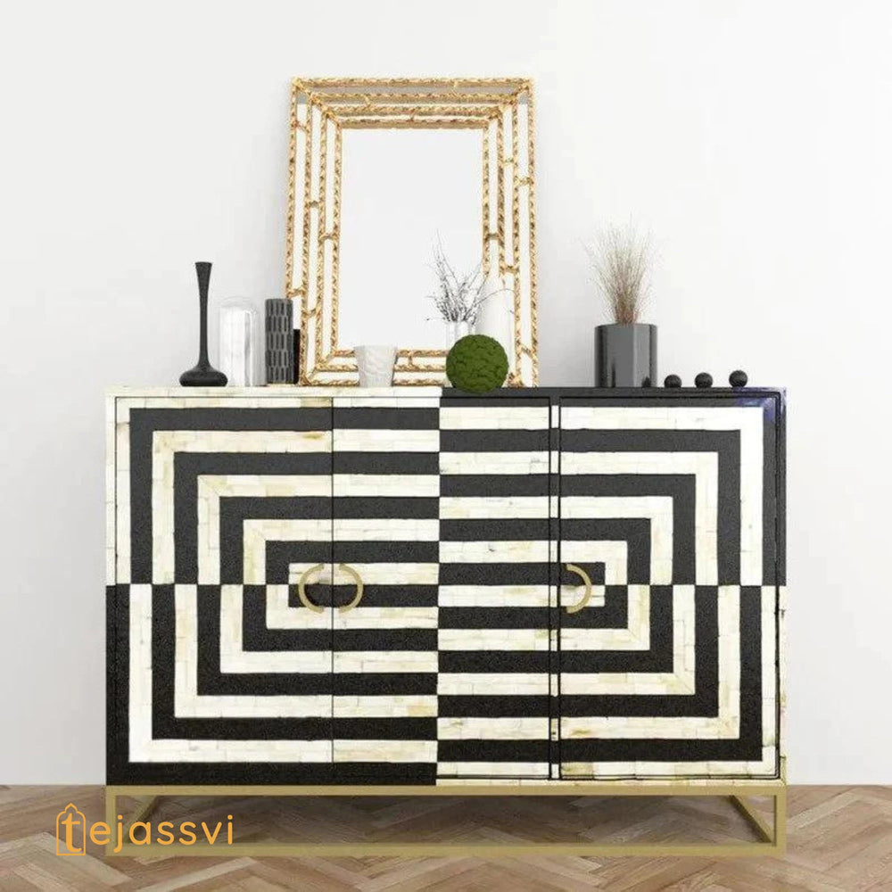 Handmade Bone Inlay Geometric Pattern Sideboard Media Console / Abstract Design / Bone Inlay Console / Bone Inlay Luxury Furniture.