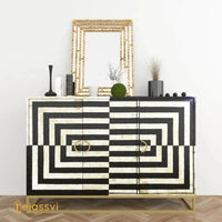 Handmade Bone Inlay Geometric Pattern Sideboard Media Console / Abstract Design / Bone Inlay Console / Bone Inlay Luxury Furniture.