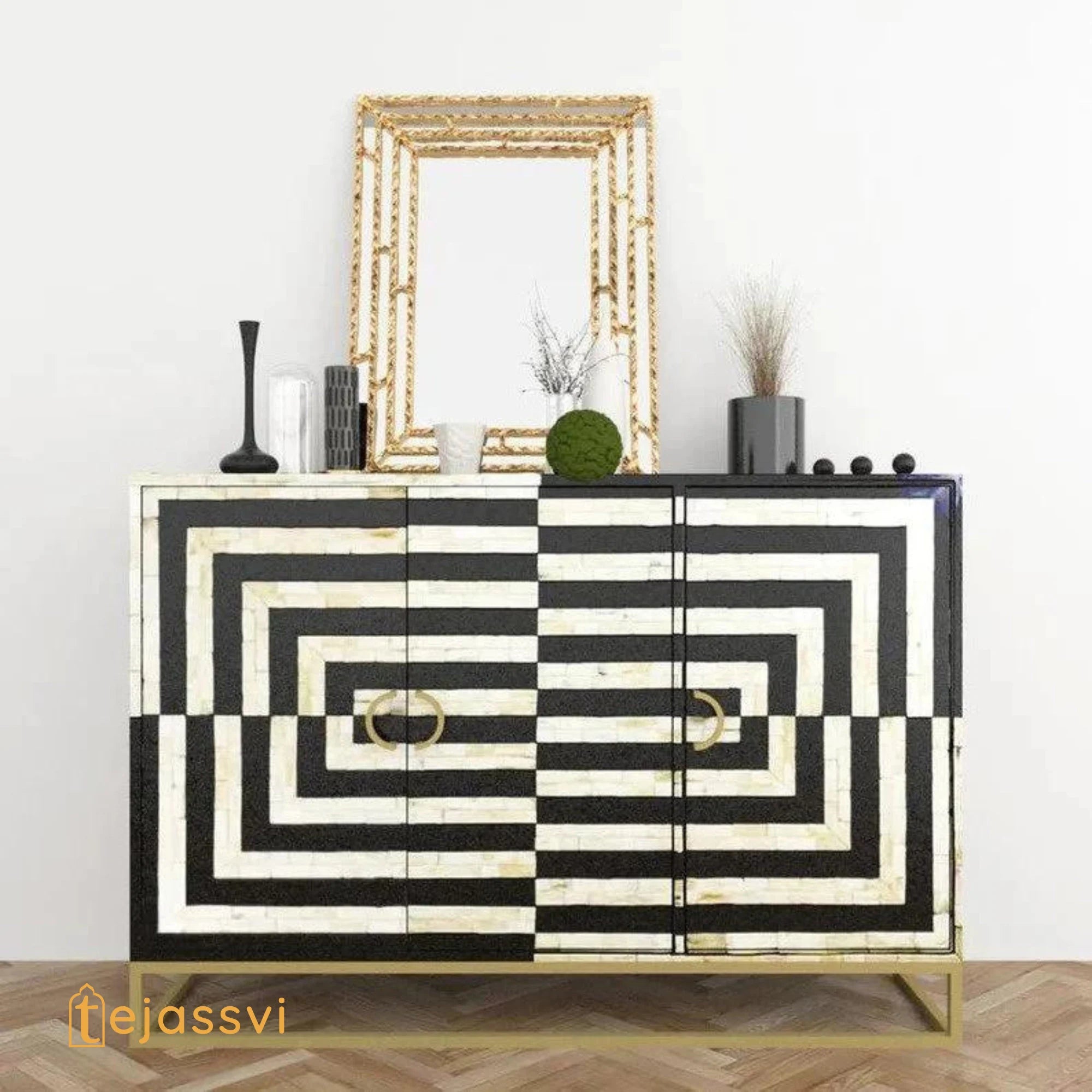 Handmade Bone Inlay Geometric Pattern Sideboard Media Console / Abstract Design / Bone Inlay Console / Bone Inlay Luxury Furniture.