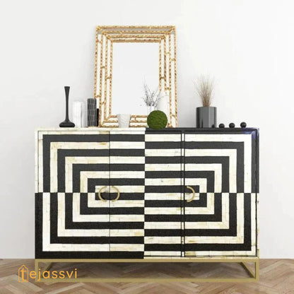 Handmade Bone Inlay Sideboard: Geometric Media Console, Black Abstract Design / bone inlay console / bone inlay luxury furniture.