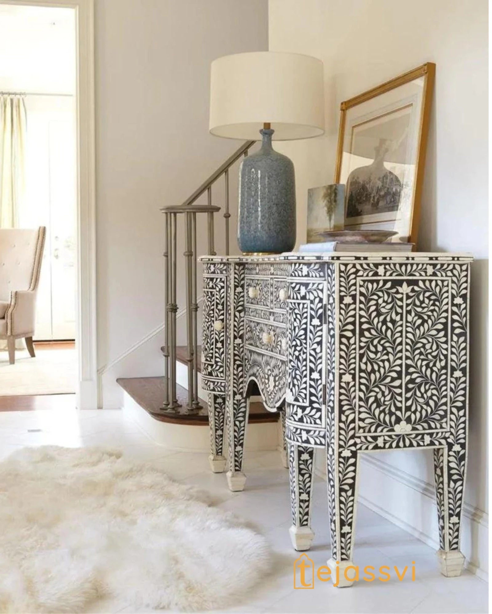 Handmade Bone Inlay Floral Pattern Sideboard & Buffet Table / Bone Media Console / Bone Inlay Luxury Furniture.