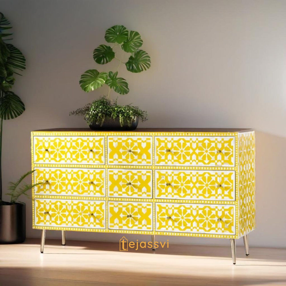 Bone Inlay Floral Pattern Chest of 9 Drawer / 9 Drawer Dresser / Wooden Bone Inlay Chest of Drawers / MOP Bone Inlay Furniture Sideboard Unit.