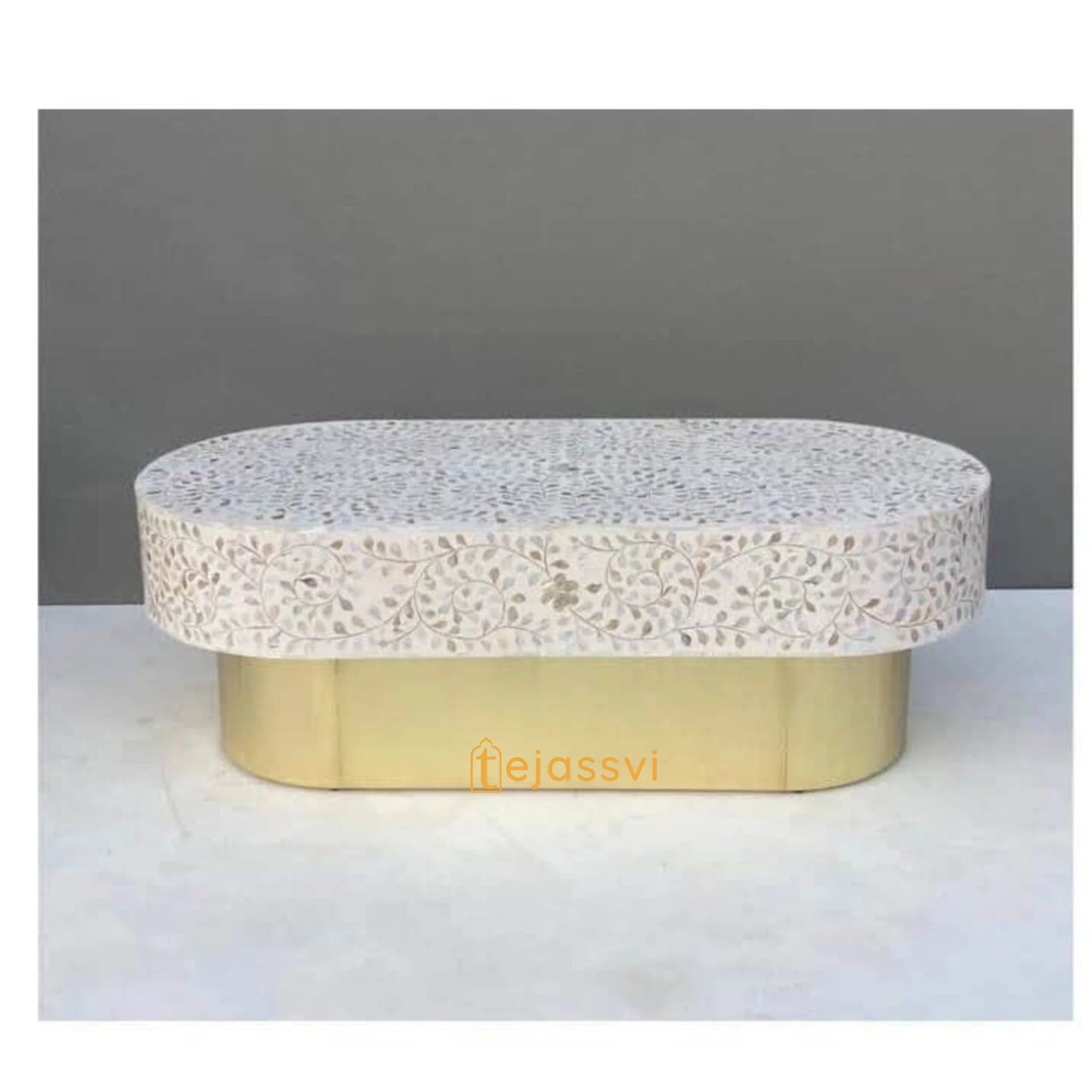 Mother of pearl Inlay Oval Coffee Table / Centre Table, MOP Inlay Floral Oval Coffee Table Handmade MOP Inlay Modern Pattern Furniture