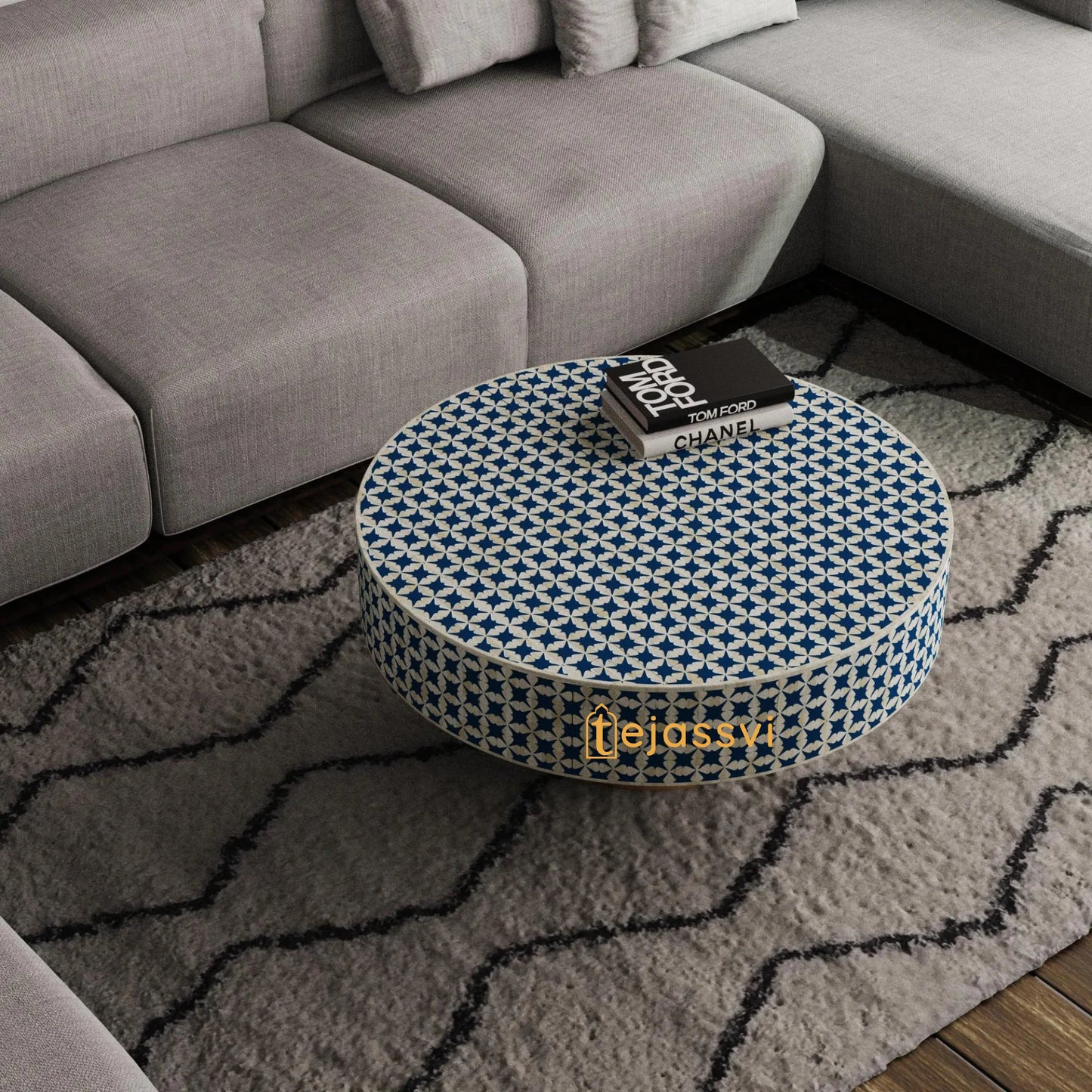 BONE Inlay Round Coffee Table / Centre Table, Bone Inlay green Round Coffee Table Handmade Bone Inlay Modern Pattern Furniture