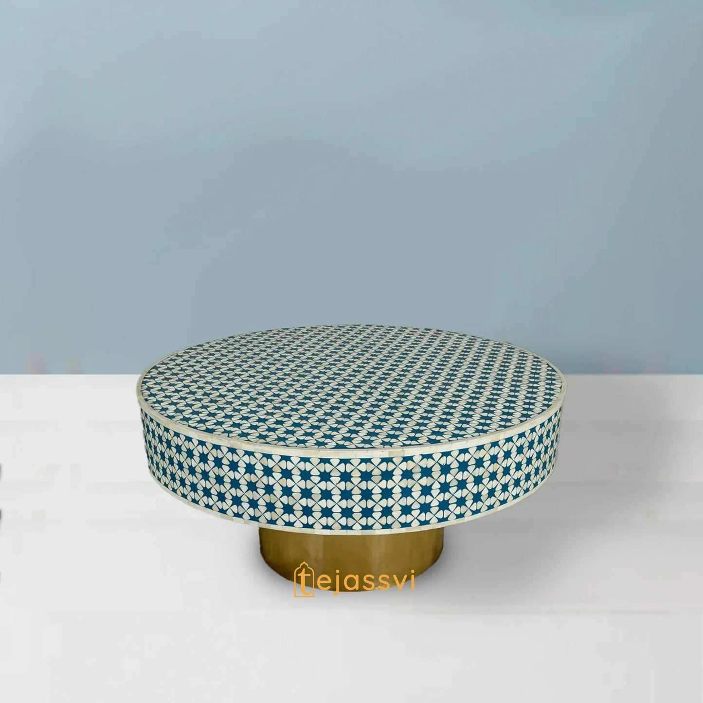 BONE Inlay Round Coffee Table / Centre Table, Bone Inlay green Round Coffee Table Handmade Bone Inlay Modern Pattern Furniture