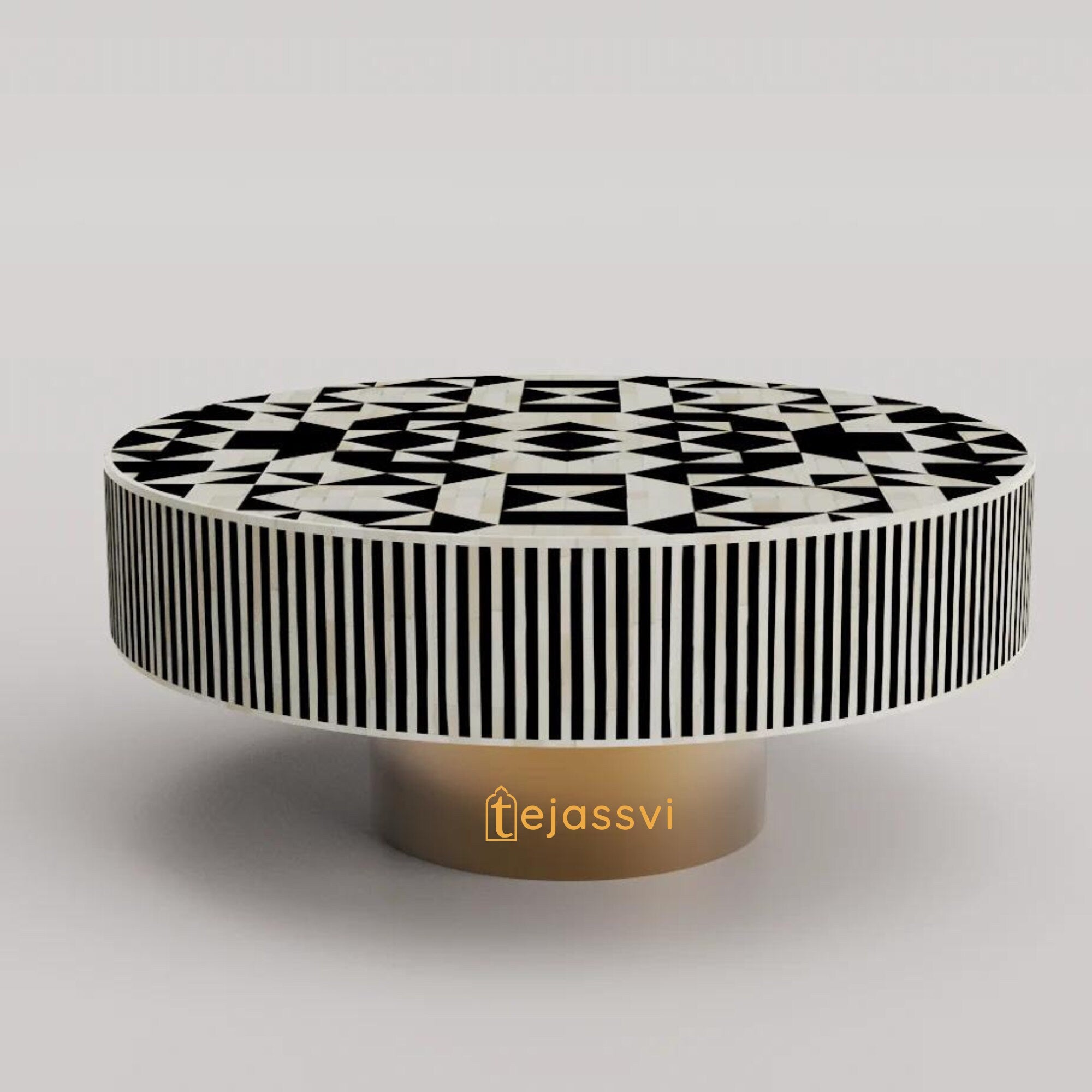 Bone Inlay Round Coffee Table / Round Centre Table / Bone Inlay Round Coffee Table / Handmade Bone Inlay Modern Pattern Furniture Cocktail Table.