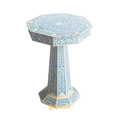 Handmade Bone Inlay Pedestal Side Table | Blue Floral Bone Inlay Pedestal Side Table | Bone Inlay Wooden Antique sofa side Table