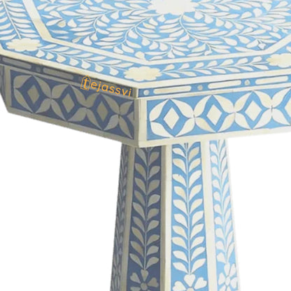 Handmade Bone Inlay Pedestal Side Table | Blue Floral Bone Inlay Pedestal Side Table | Bone Inlay Wooden Antique sofa side Table