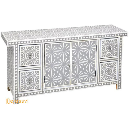 Handmade Bone Inlay Sideboard | Bone inlay 4 Drawer 1 Door Dresser/Storage Cabinet | Bone Inlay Sideboard Snow In Grey