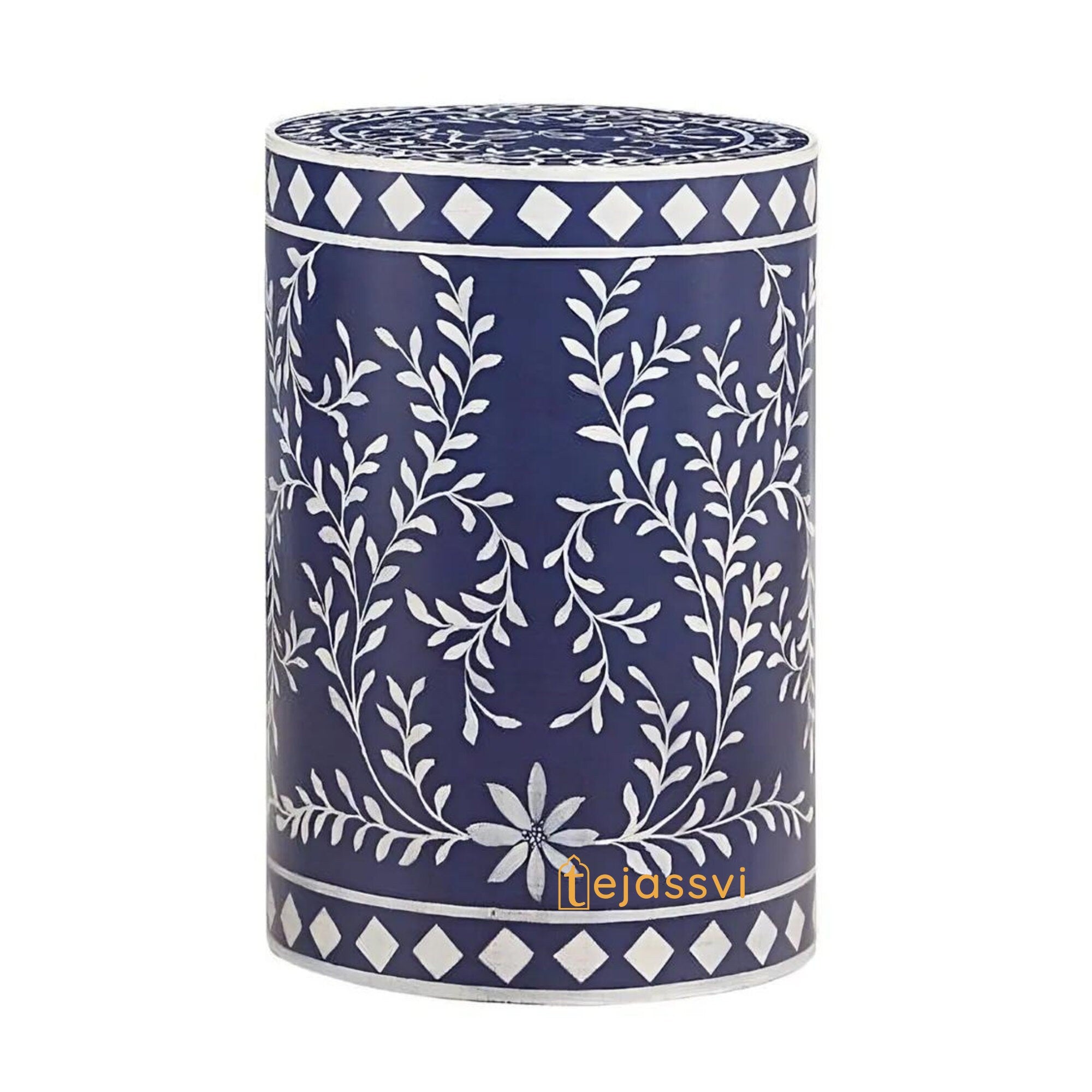 Bone Inlay Handmade Modern Cylindrical Design Side Table | Round Bone Inlay Stool | Sofa Side Table | Modern Luxury Furniture.