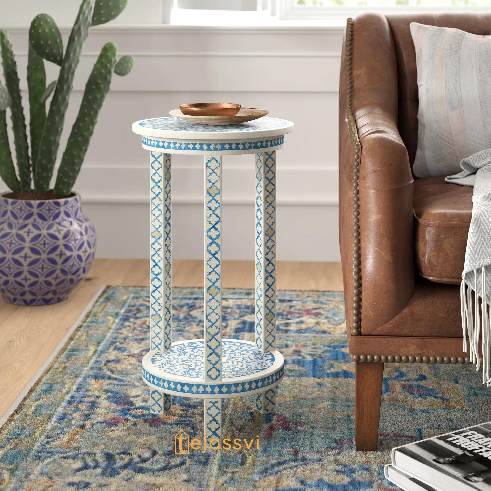 Bone Inlay End Table Modern Luxury Furniture for Living Room