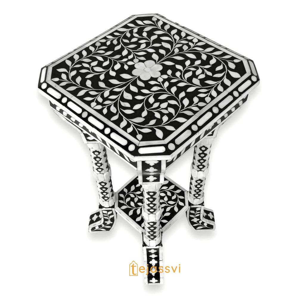 Bone Inlay Floral Black & White Accent Table / End Table for Living Room | Bone Inlay Side Table | Modern Luxury Furniture.