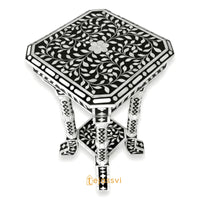 Bone Inlay Floral Black & White Accent Table / End Table for Living Room | Bone Inlay Side Table | Modern Luxury Furniture.
