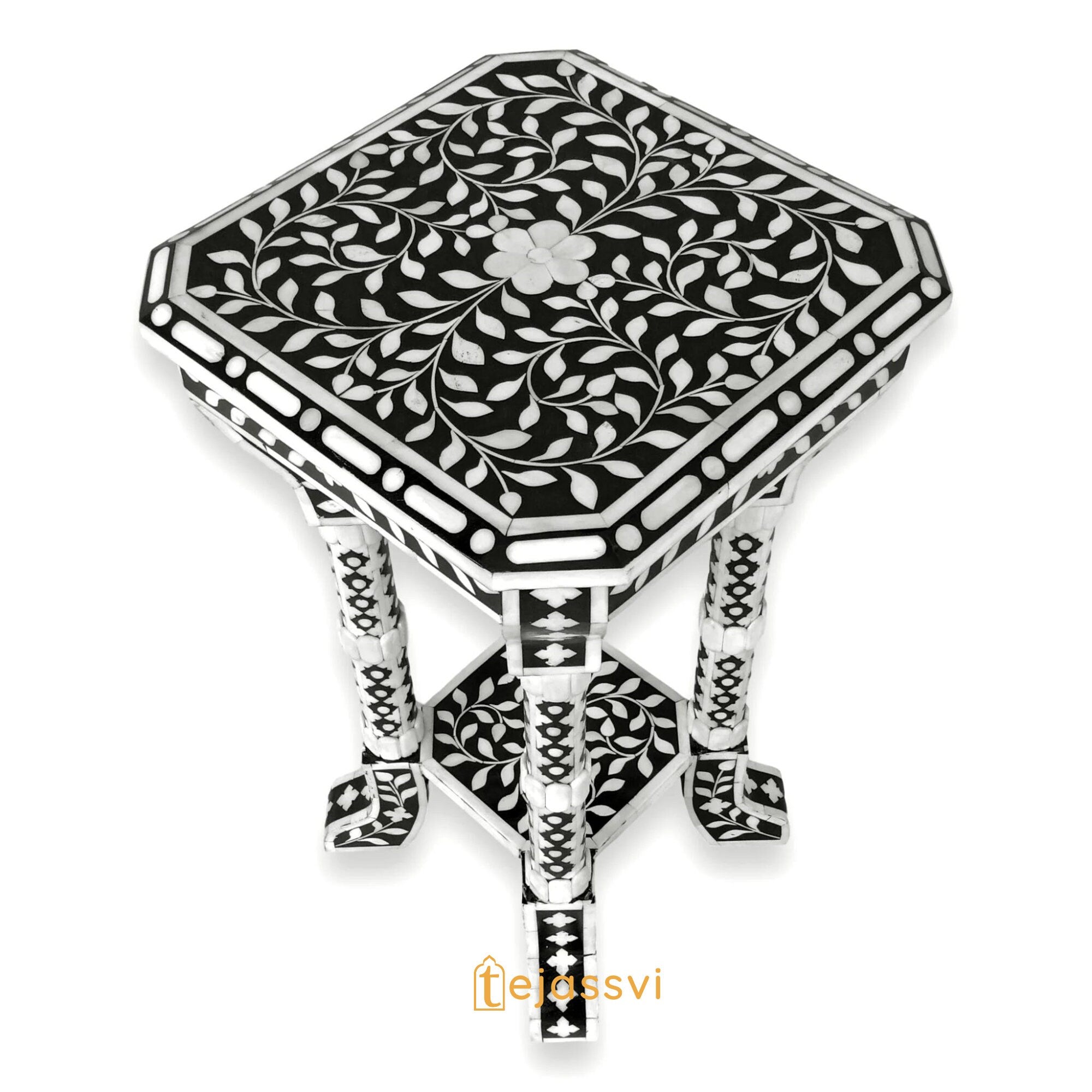 Bone Inlay Floral Black & White Accent Table / End Table for Living Room | Bone Inlay Side Table | Modern Luxury Furniture.