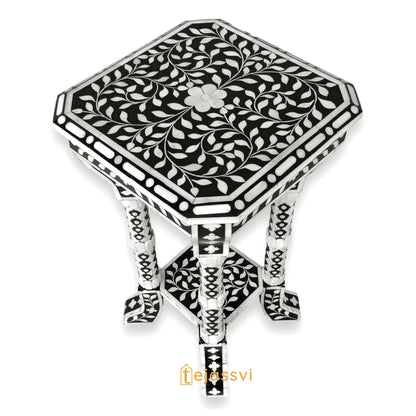 FLORAL BONE INLAY Black & White 12 inch Accent Table / End Table for Living Room | Bone Inlay Side Table | Modern Luxury Furniture