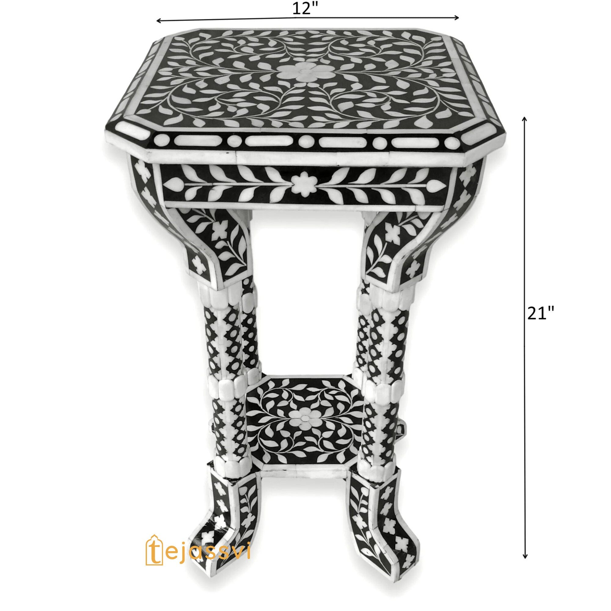 Bone Inlay Floral Black & White Accent Table / End Table for Living Room | Bone Inlay Side Table | Modern Luxury Furniture.