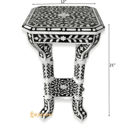 FLORAL BONE INLAY Black & White 12 inch Accent Table / End Table for Living Room | Bone Inlay Side Table | Modern Luxury Furniture