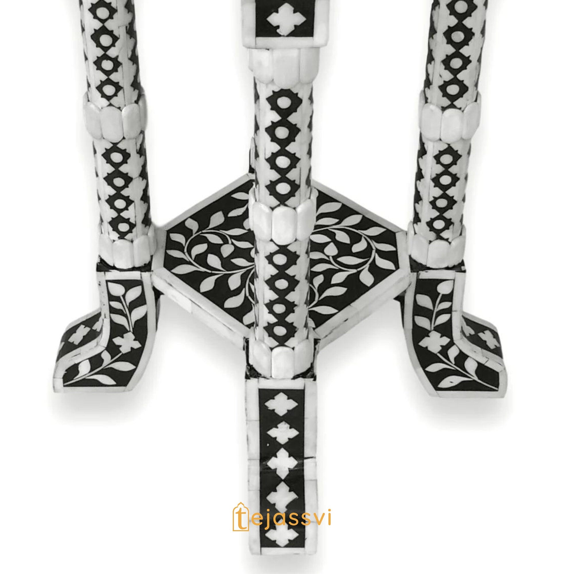 Bone Inlay Floral Black & White Accent Table / End Table for Living Room | Bone Inlay Side Table | Modern Luxury Furniture.