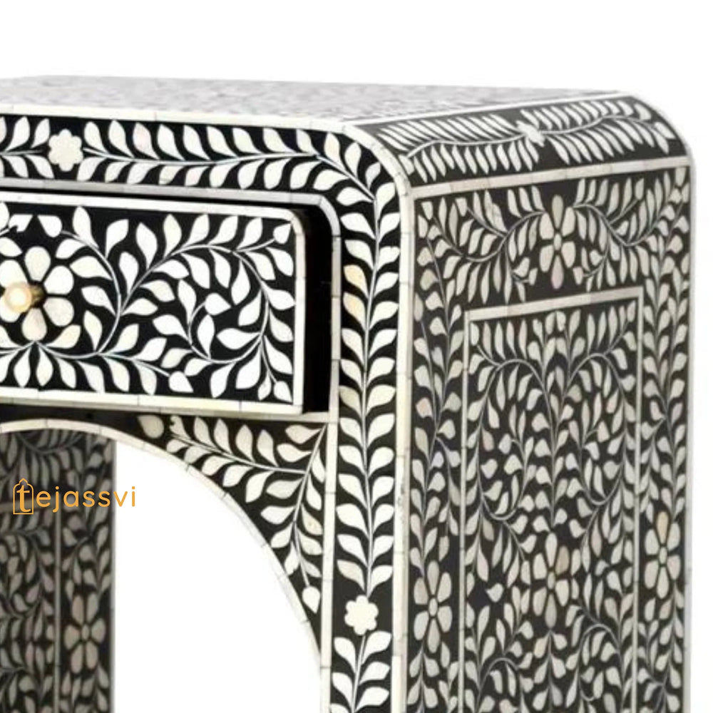 Bone Inlay Curved Bedside Floral Table, Bedside, Bone Inlay Bedside Wooden Modern Floral Bedside /Side table / 1 Drawer Bone Inlay Nightstand.
