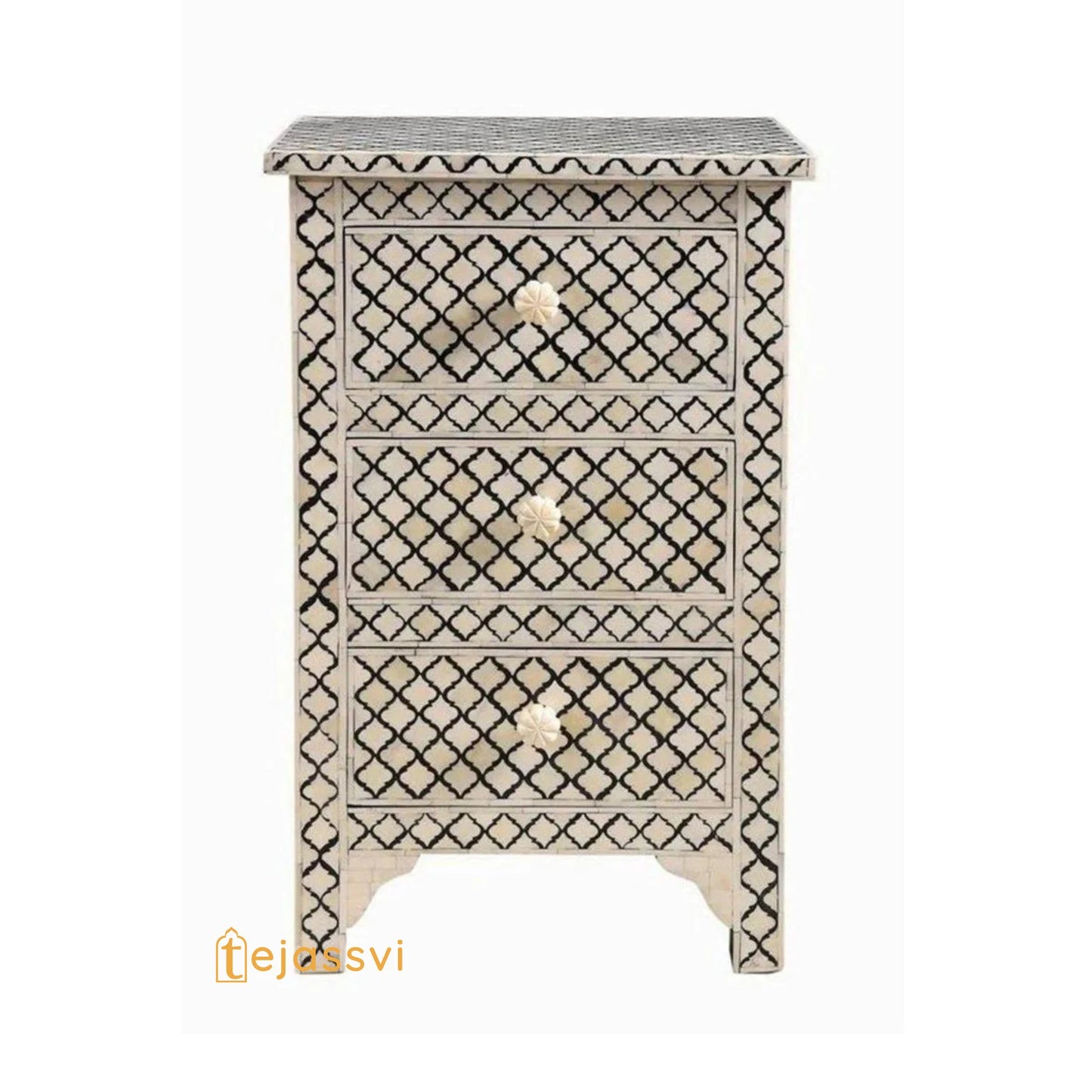 Bone Inlay 3-Drawer Nightstand in Black Color | Handmade Bone Inlay Lamp Side Table /Bedside table /Chest of 3-Drawer Bone Inlay furniture.
