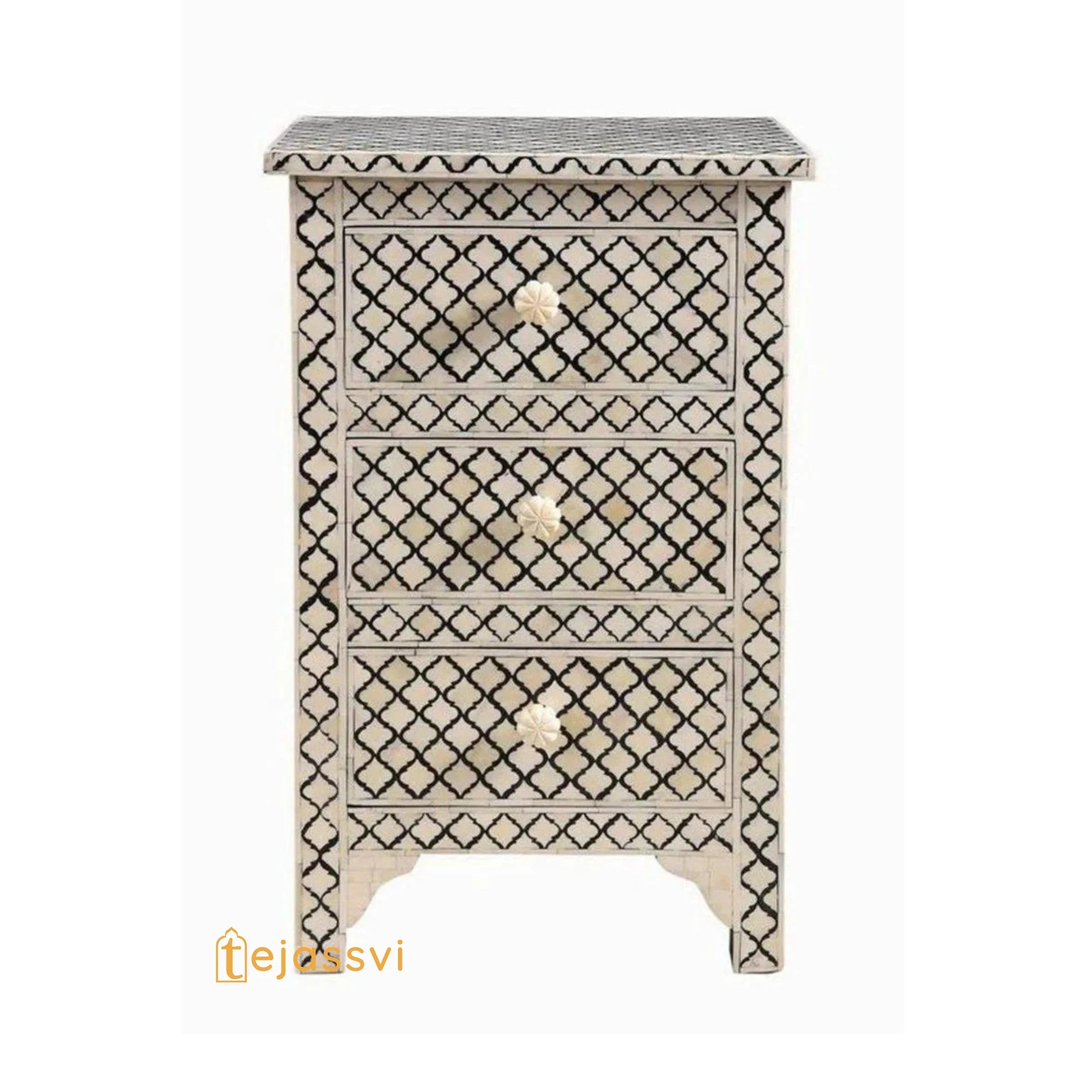 Bone Inlay 3-Drawer Nightstand | Handmade Bone Inlay Lamp Side Table / Bedside Table / Chest of 3-Drawer/ Bone Inlay Furniture.