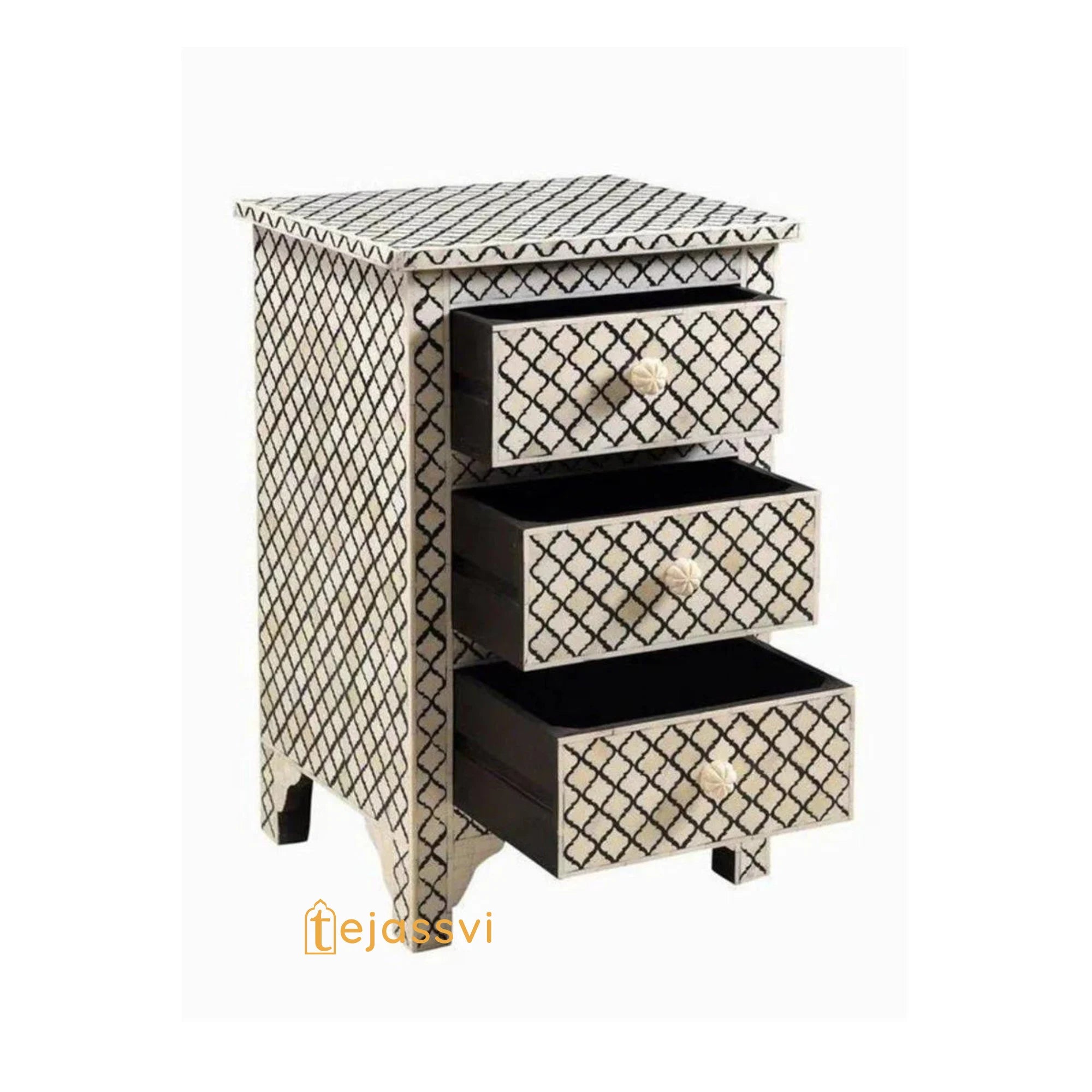 Bone Inlay 3-Drawer Nightstand | Handmade Bone Inlay Lamp Side Table / Bedside Table / Chest of 3-Drawer/ Bone Inlay Furniture.