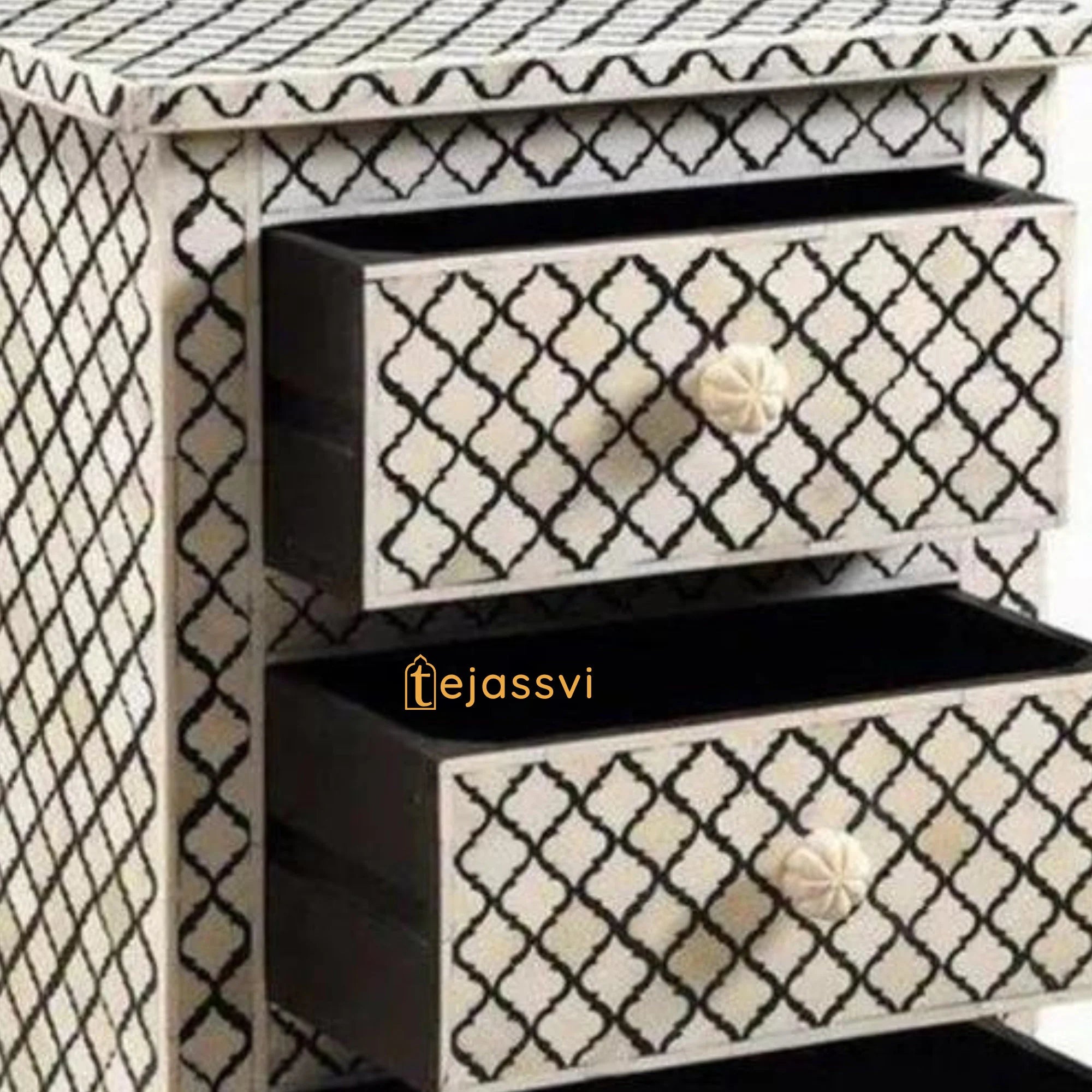 Bone Inlay 3-Drawer Nightstand | Handmade Bone Inlay Lamp Side Table / Bedside Table / Chest of 3-Drawer/ Bone Inlay Furniture.