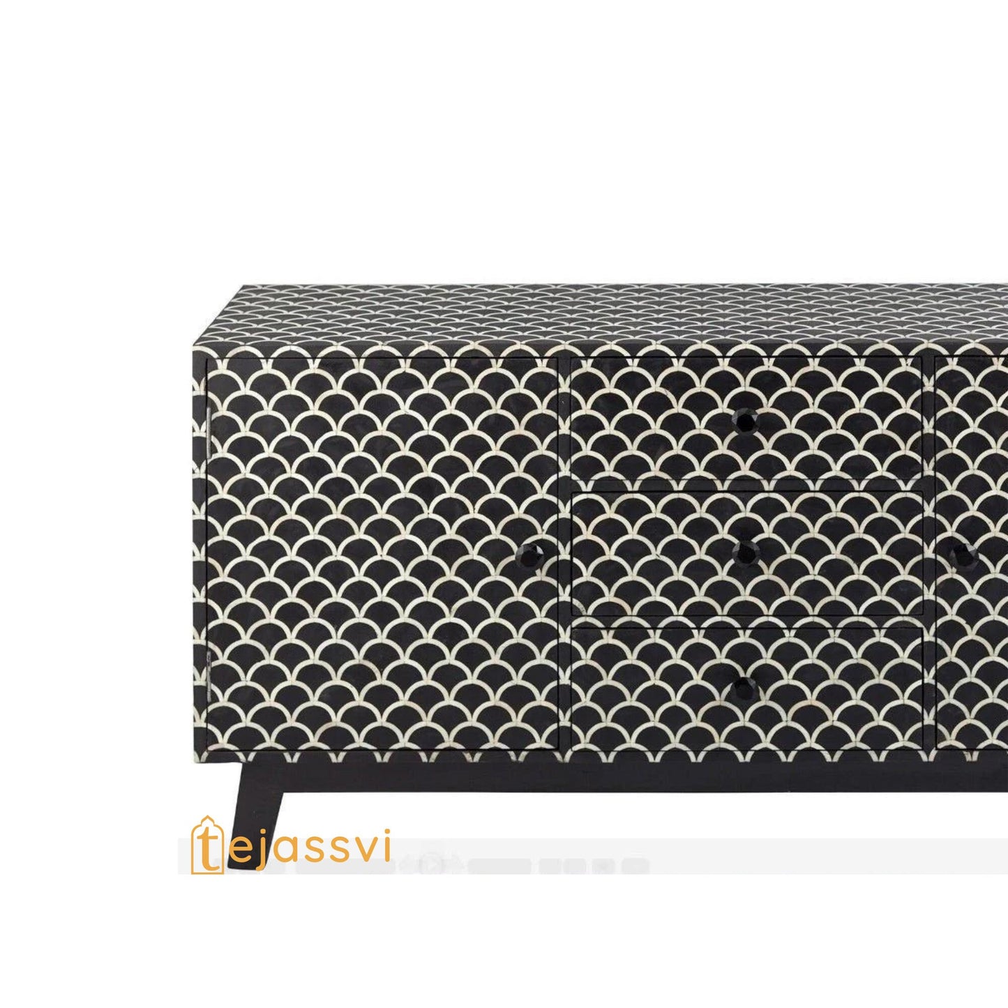 Handmade Bone Inlay Sideboard: Black Fish-Scale Scalloped Credenza / bone inlay console /bone inlay furniture .