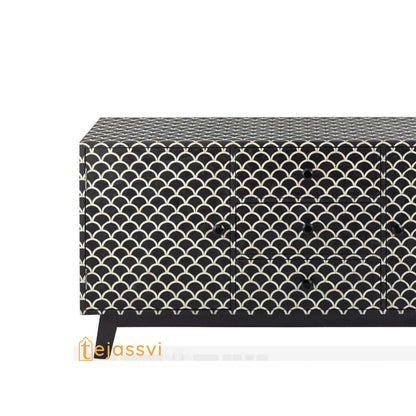 Handmade Bone Inlay Sideboard: Black Fish-Scale Scalloped Credenza / bone inlay console /bone inlay furniture .