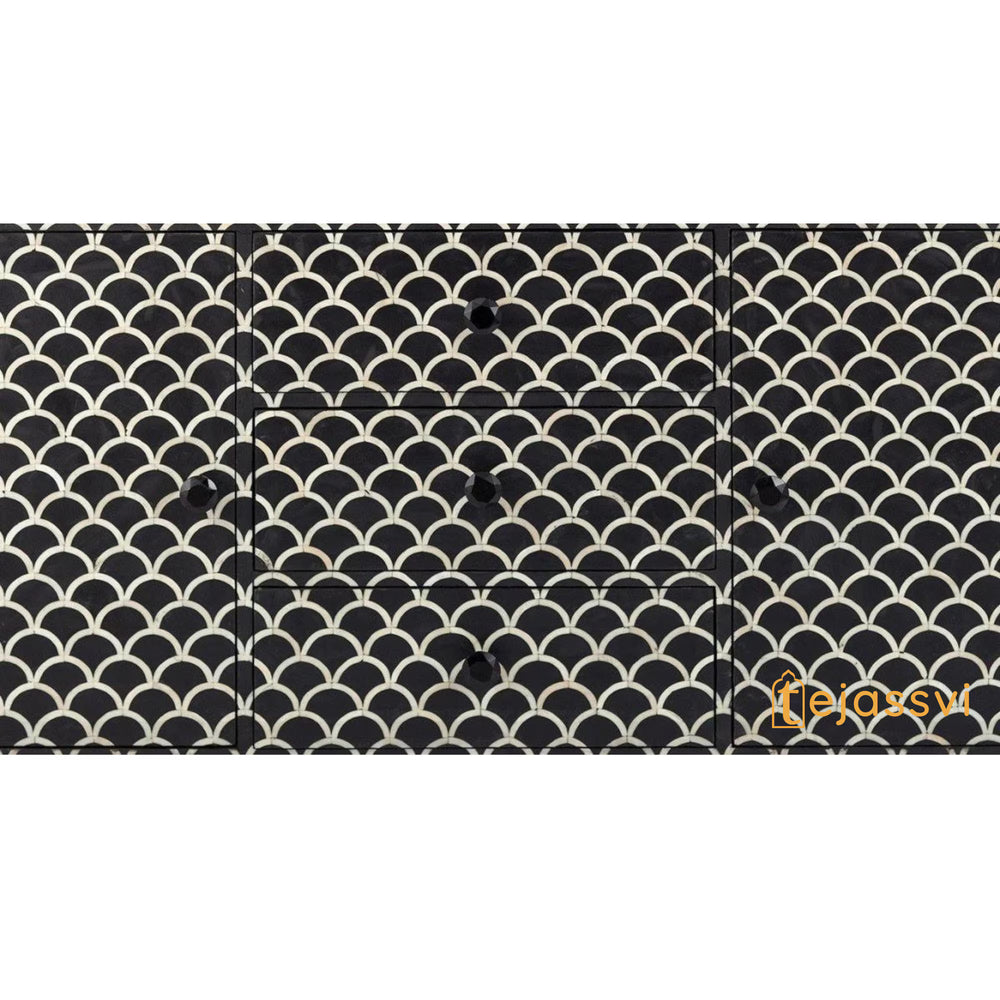 Handmade Bone Inlay Sideboard: Black Fish-Scale Scalloped Credenza / bone inlay console /bone inlay furniture .
